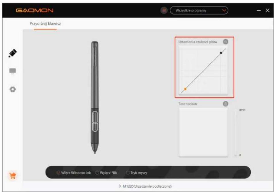 GAOMON Wczystkie programy Przyciśnij klawisz Ustawienia czulosci pióra Test nucisku Włącz Windows ink ○ Wyłącz Nib ○ Tryb myszy M1220(Urzadzenie podłączone)