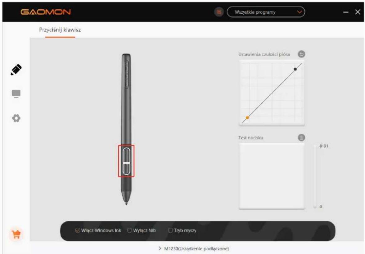 GAOMON Wszystkie programy Przyciśnij klawisz Ustawienia czulosci pióra Test nakisku 8191 0 Wiącz Windows Ink Wylącz Nib Tryb myszy M1230(Urzadzenie podłączone)