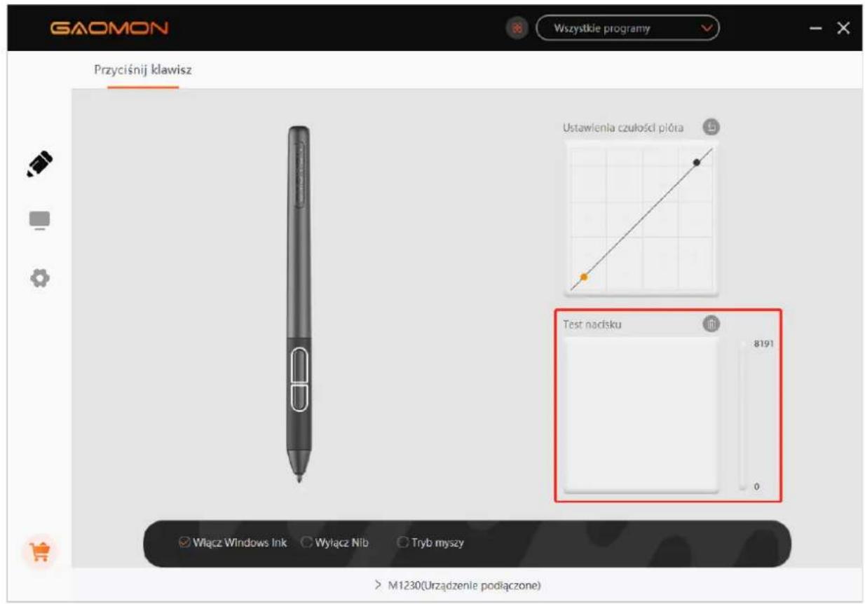 GAOMON Wszystkie programy Przyciśnij klawisz Ustawienia czułości piółra Test nadisku 8191 0 Wiącz Windows Ink Wyłącz Nib Tryb myszy M1230(Urzadzenie podłączone)