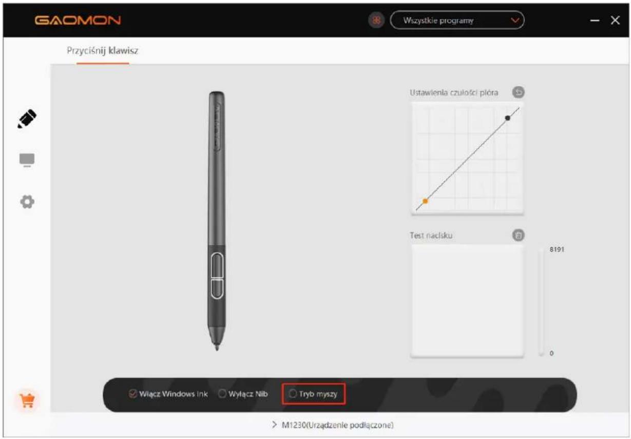 GAOMON Wszystkie programy Przyciśnij klawisz Ustawlenia czulosci plóra Test nadlsku 8191 0 Włącz Windows ink ○ Wyłącz Nib ○ Tryb myszy M1230(Urzadzenie podłączone)