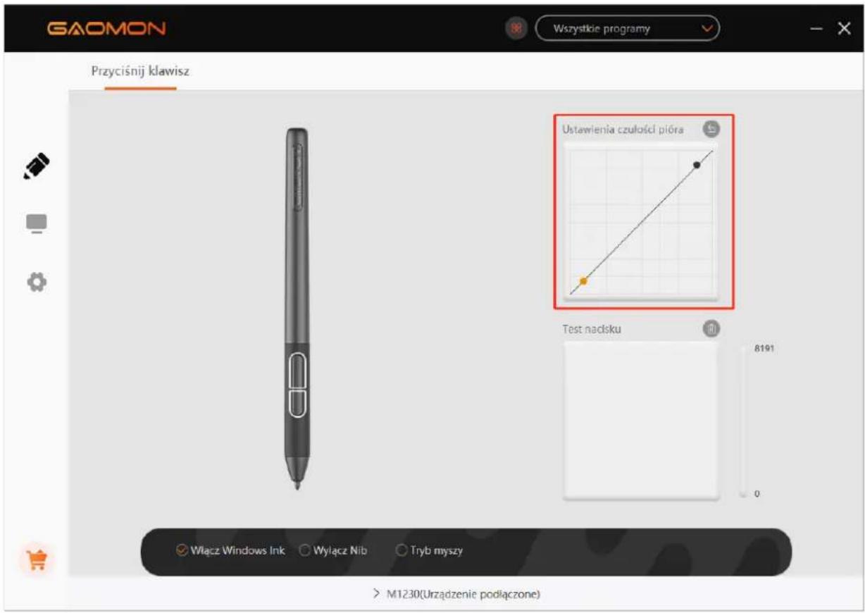 GAOMON Wszystkie programy Przyciśnij klawisz Ustawienia czułości pióra Test nadisku 8191 Włącz Windows Ink Wyłącz Nib Tryb myszy M1230(Urzadzenie podłączone)