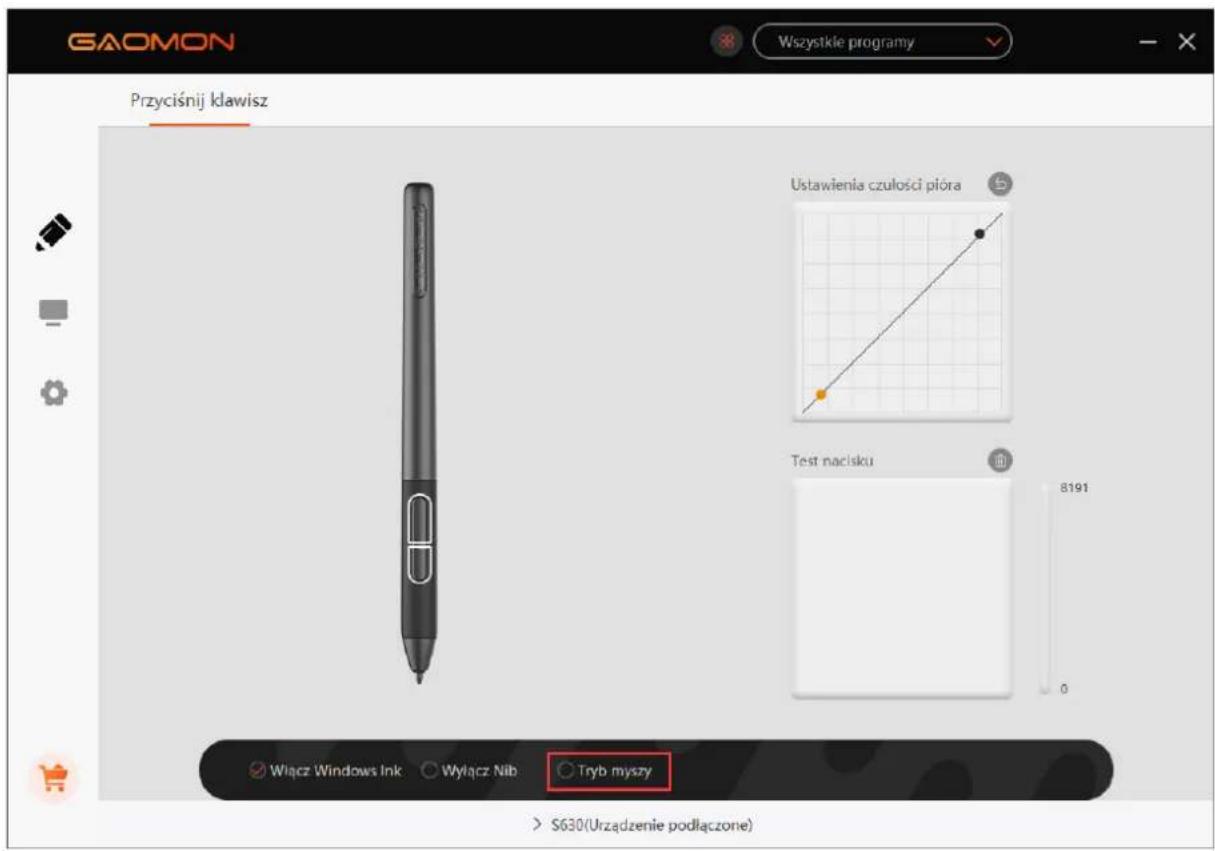 GAOMON Wszystkie programy Przyciśnij klawisz Ustawienia czulosci pióra Test nacisku Wiącz Windows Ink ○ Wyłącz Nib ○ Tryb myszy $630(Urzadzenie podłączone)