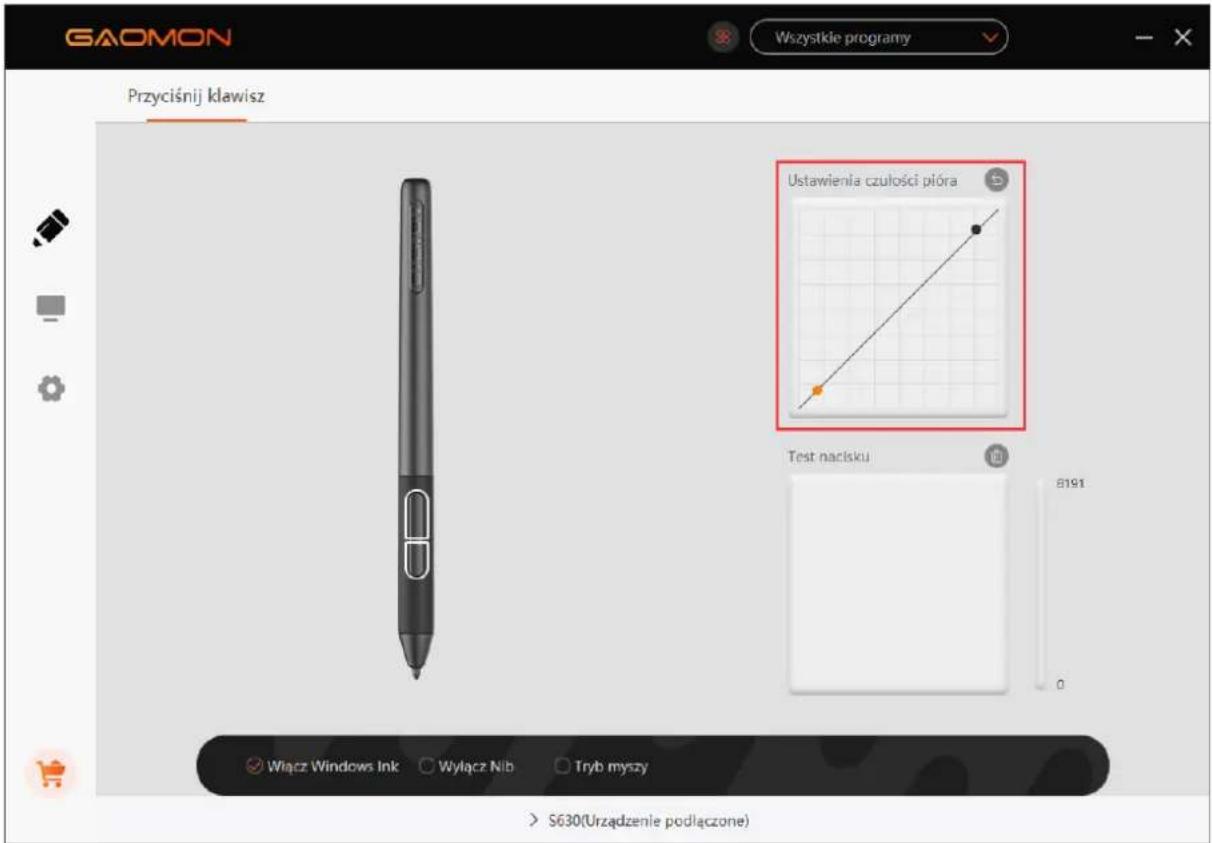 GAOMON Wszystkie programy Przyciśnij klawisz Ustawienia czutości pióra Test nakisku Włącz Windows Ink ○ Wyłącz Nib ○ Tryb myszy S630(Urzadzenie podłączone)