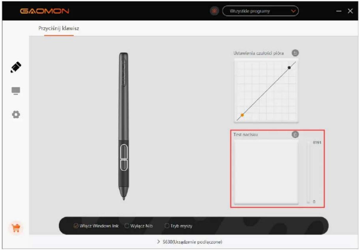GAOMON Wszystkie programy Przyciśnij klawisz Ustawienia czutości pióra Test nacisku 8191 0 Włącz Windows Ink ○ Wyłącz Nib ○ Tryb myszy > S630(Urzadzenie podłączone)