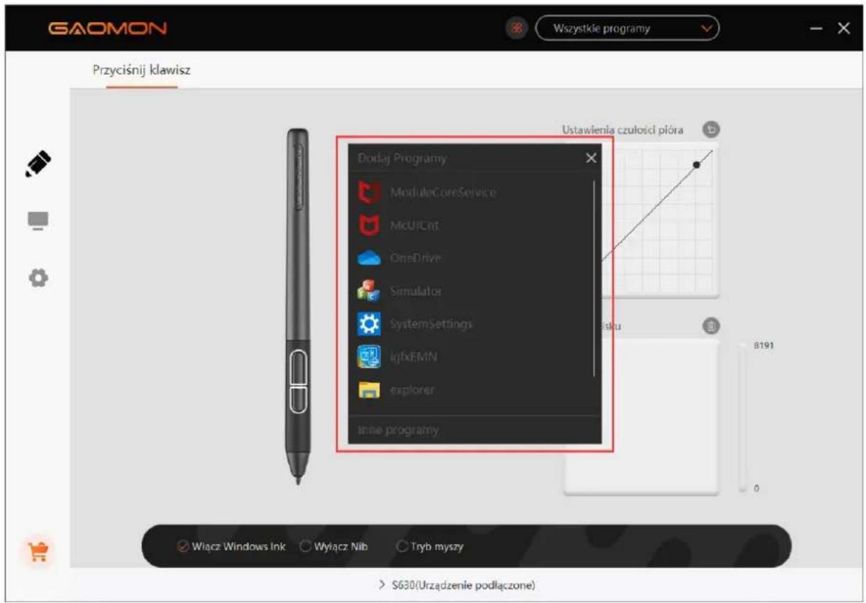 GAOMON Wszystkie programy Przyciśnij klawisz Ustawienia czułości pióra Dodąj Programy ModuleCoreService McUICnt OneDrive Simulator SystemSettings IjfxEMN explorer Inne programy Wiącz Windows Ink Wyłącz Nib Tryb myszy > S630(Urzadzenie podłączone)