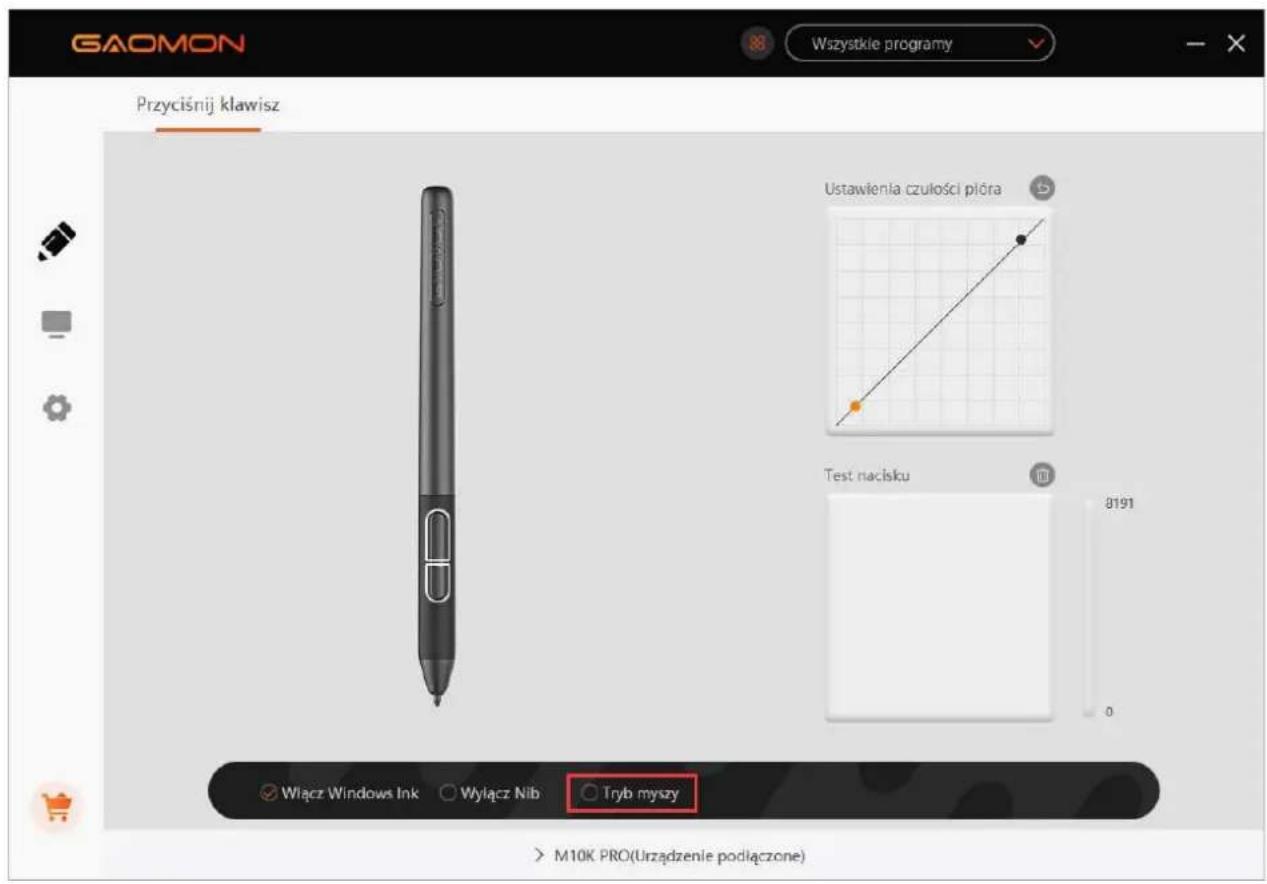GAOMON Wszystkie programy Przyciśnij klawisz Ustawienia czułości pióra Test nacisku Włącz Windows Ink Wylącz Nib Tryb myszy M10K PRO(Urzadzenie podłączone)