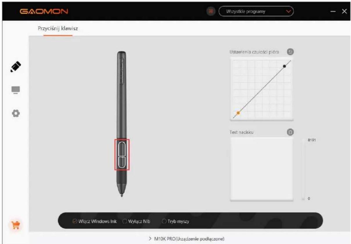 GAOMON Wszystkie programy Przyciśnij klawisz Ustawienia czulosci piroa Test nadisku 8191 0 Wiącz Windows Ink ○ Wyłącz Nib ○ Tryb myszy > M10K PRO(Urzadzenie podłączone)