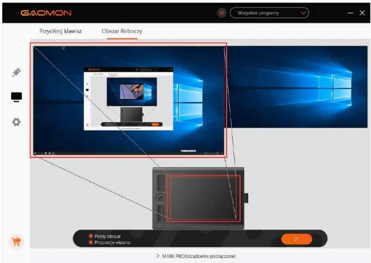 GAOMON Przyciśnij klawisz Obszar Roboczy GAOMON Pełny obszar Proporcje ekranu M10K PRO(Urzadzenie podłączone)