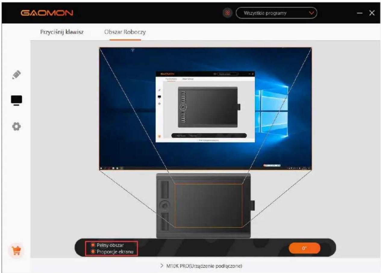 GAOMON Przyciśnij klawisz Obszar Roboczy M10K PRO(Urzadzenie podłączone) Pelny obszar Proporcje ekranu 0°