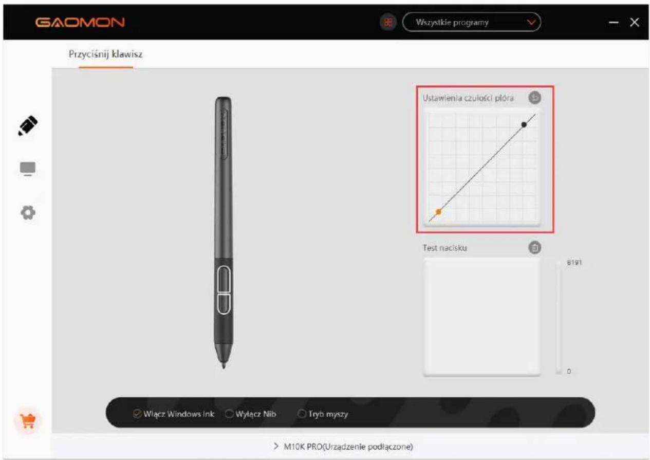 GAOMON Wszystkie programy Przyciśnij klawisz Ustawienia czułości płóra Test nacisku Włącz Windows Ink Wyłącz Nib Tryb myszy M10K PRO(Urzadzenie podłączone)