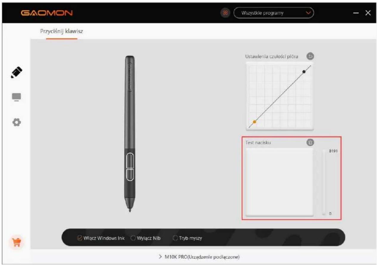 GAOMON Wszystkie programy Przyciśnij klawisz Ustawlenia czulosci pióra Test nacisku 8191 0 Wiącz Windows Ink Wyiącz Nib Tryb myszy M10K PRO(Urzȩdzenie podlączone)