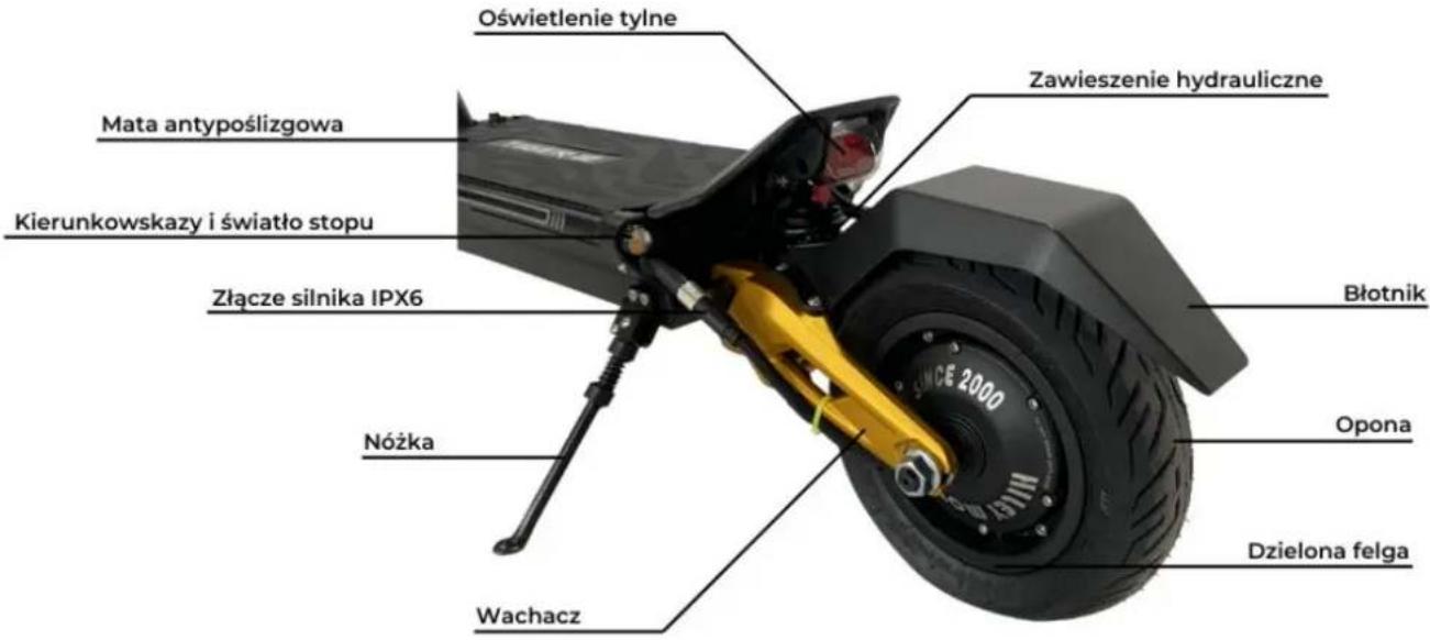 Oświetlenie tylne Mata antypoślizgowa Kierunkowskazy i światło stopu Złącze silnika IPX6 Nóżka Wachacz Zawieszenie hydrauliczne Błotnik Opona Dzielona felga SINCE 2000