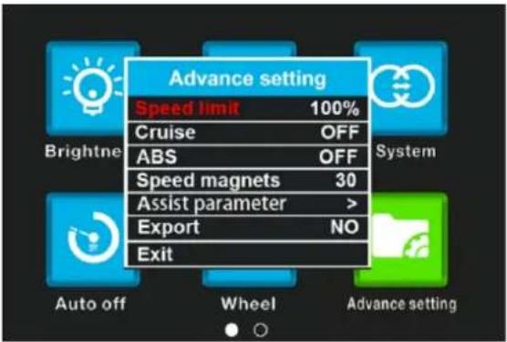 Advance setting Speed limit 100% Cruise OFF ABS OFF Speed magnets 30 Assist parameter > Export NO Exit