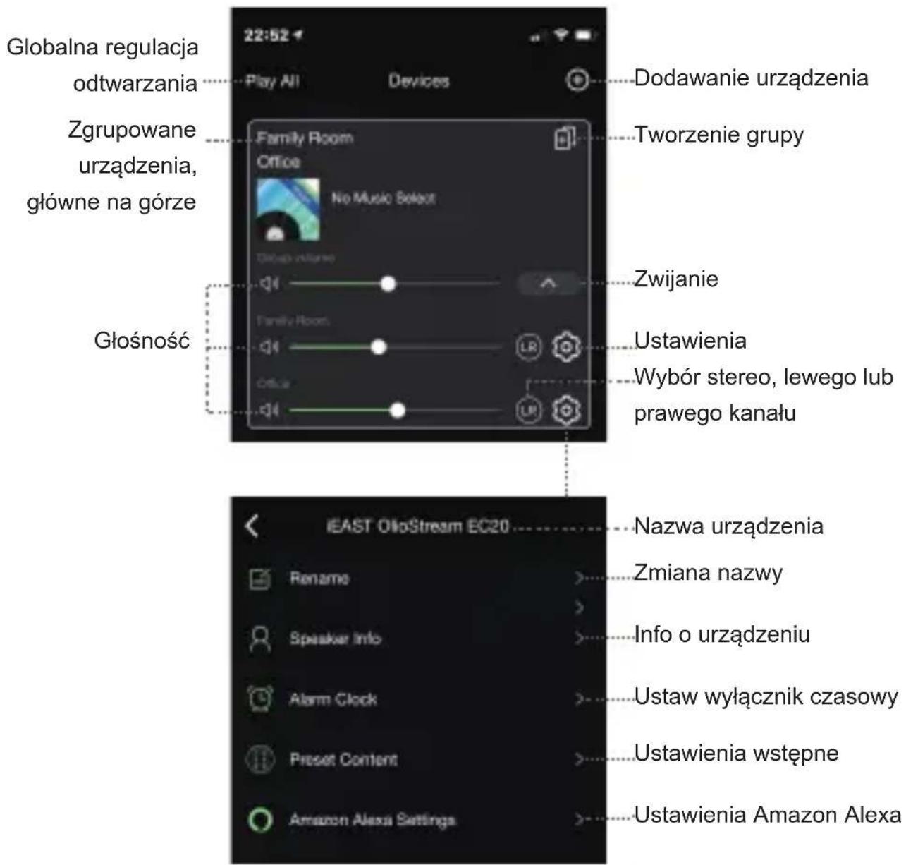 Globalna regulacja odtwarzania Zgrupowane urządzenia, główne na górze Głośność 22:52 Play All Devices Dodawanie urządzenia Tworzenie grupy Family Room Office No Music Select Olostrup volume Q1 Family Room Q4 Office Q4 Zwijanie Ustawienia Wybór stereo, lewego lub prawego kanału iEAST OloStream EC20 Nazwa urządzenia Zmiana nazwy Info o urządzeniu Ustaw wyłącznik czasowy Ustawienia wstępne Ustawienia Amazon Alexa