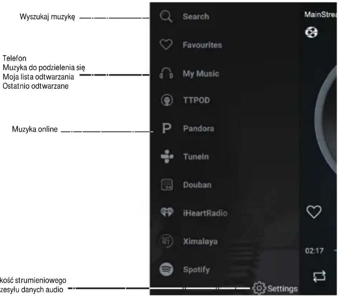 Wyszukaj muzykę Telefon Muzyka do podzielenia się Moja lista odtwarzania Ostatnio odtwarzane Muzyka online Search MainStreet Favourites My Music TTPOD P Pandora Tuneln Douban iHeartRadio Ximalaya Spotify kość strumieniowego zesyłu danych audio Settings