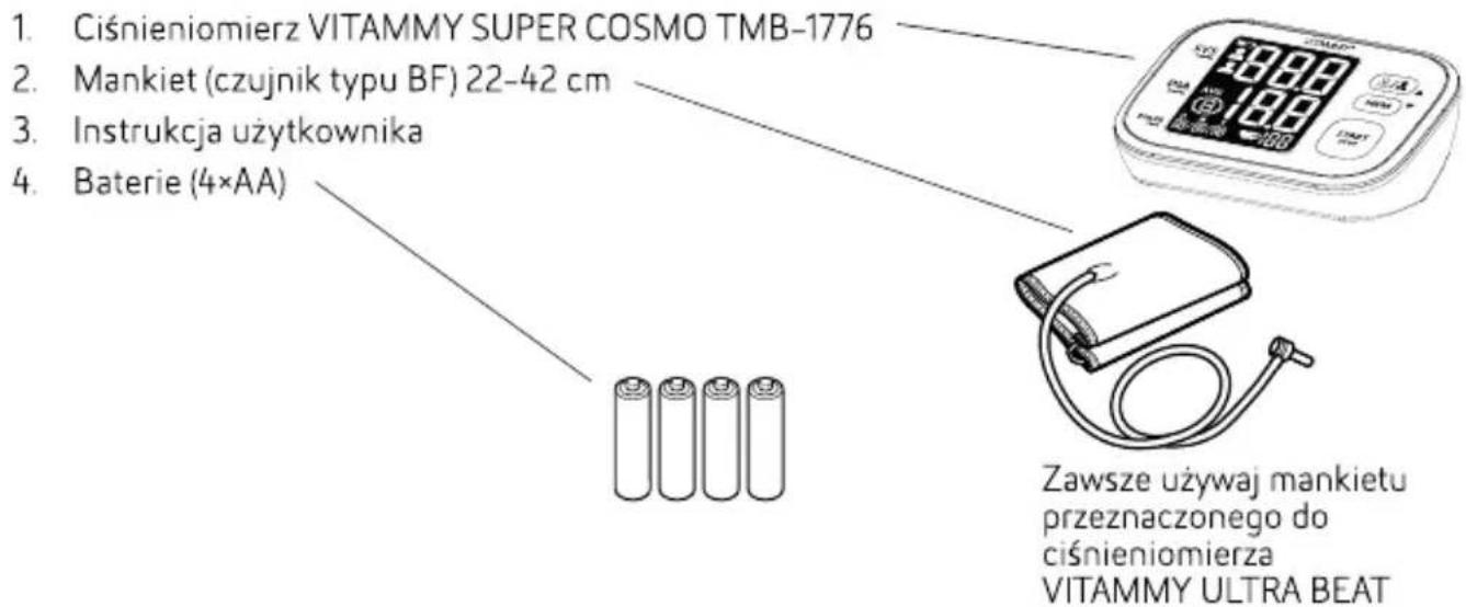 1. Ciśnieniomierz VITAMMY SUPER COSMO TMB-1776 2. Mankiet (czujnik typu BF) 22-42 cm 3. Instrukcja użytkownika 4. Baterie (4×AA) Zawsze używaj mankietu przeznaczonego do ciśnieniomierza VITAMMY ULTRA BEAT