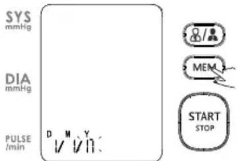 SYS mmHg DIA mmHg PULSE /min D M Y / / n: MEM START STOP