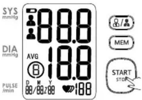 SYS mmHg 8.0 8.0 DIA mmHg AVG 18.0 8 PULSE /min D M Y ♥188 88/88/88 MEM START STOP