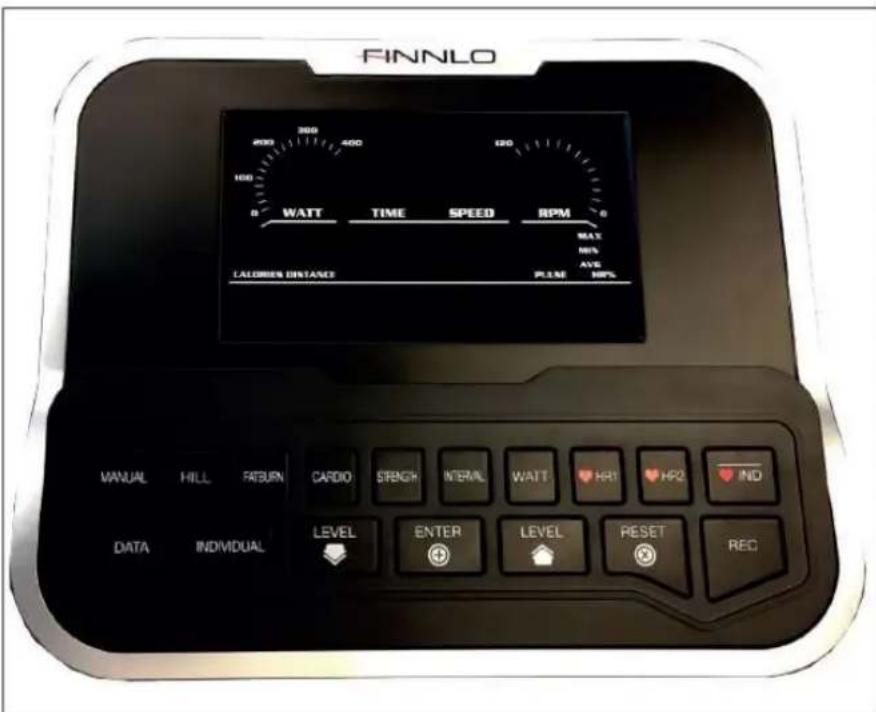 FINNLO 2000 300 400 500 100 WATT TIME SPEED RPM MAX MIN AVS CALORIES DISTANCE PLEME MP% MANUAL HILL FATBUN CARDIO STRENGTH INTERVAL WAIT HR1 HP2 IND DATA INDIVIDUAL LEVEL ENTER LEVEL RESET REC