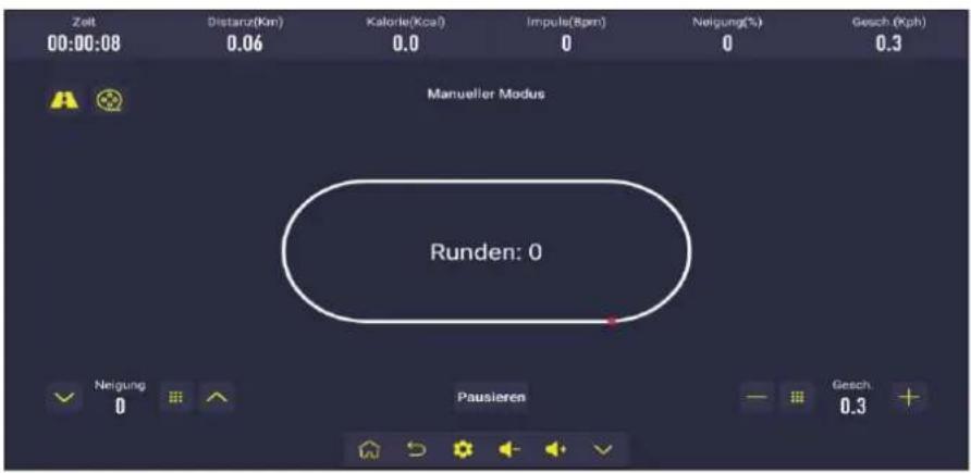 Zeit 00:00:08 Distanz(Km) 0.06 Kalorie(Kcal) 0.0 Impuls(Bpm) 0 Neigung(%) 0 Gesch (Kph) 0.3 Manueller Modus Runden: 0 Neigung 0 Pausieren - Gesch 0.3