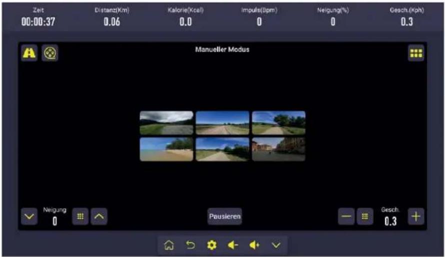 Zeit 00:00:37 Distanz(Km) 0.06 Kalorie(Kcal) 0.0 Impuls(Bpm) 0 Neigung(%) 0 Gesch.(Kph) Manueller Modus Neigung 0 Pausieren Gesch. 0.3