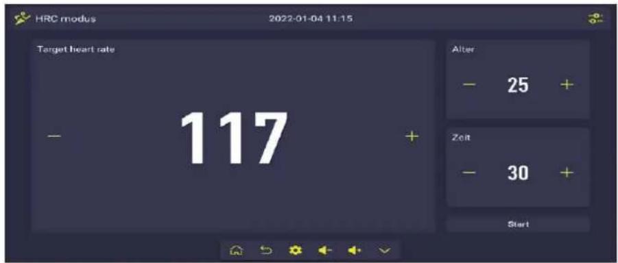 HRC modus 2022-01-04 11:15 Target heart rate 117 Alter — 25 + Zeit — 30 + Start