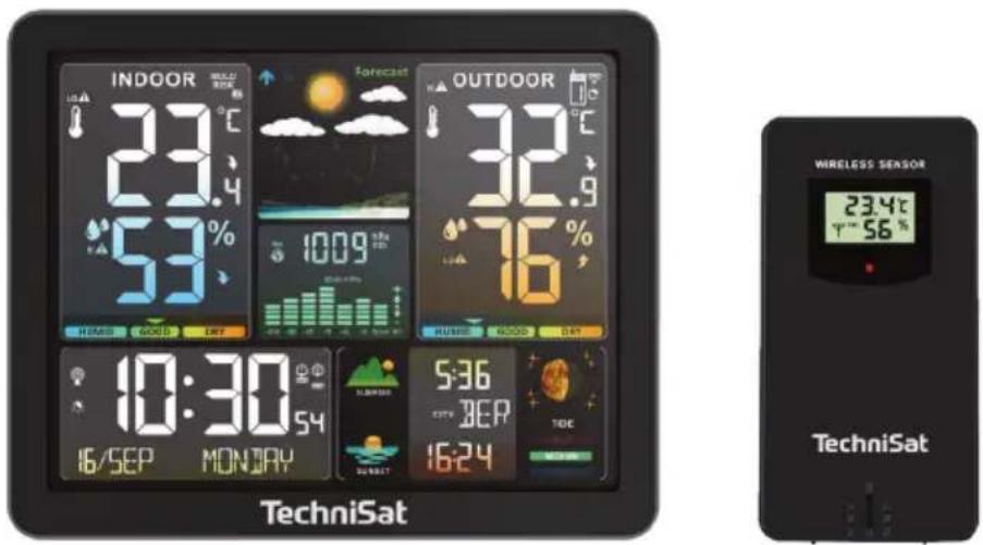 INDOOR 23.4°C 53% FORECAST 1009 HEDD GOOD DAY OUTDOOR 32.9°C 46% 10:30 16/SEP MONDAY 5:36 5:37 16:24 WIRELESS SENSOR 23.4°C T 56% TechniSat