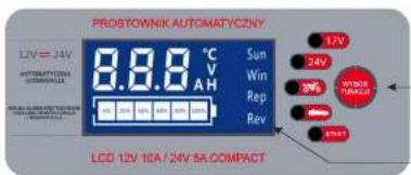 PROSTOWNIK AUTOMATYCZNY 12V = 24V AUTOMATYCZNA WINDAŁKA 8.8.8 °C V AH Sun Win Rep Rev 12V 24V 30% WYDOW 50%CI LED 12V 16A/ 24V 5A COMPACT