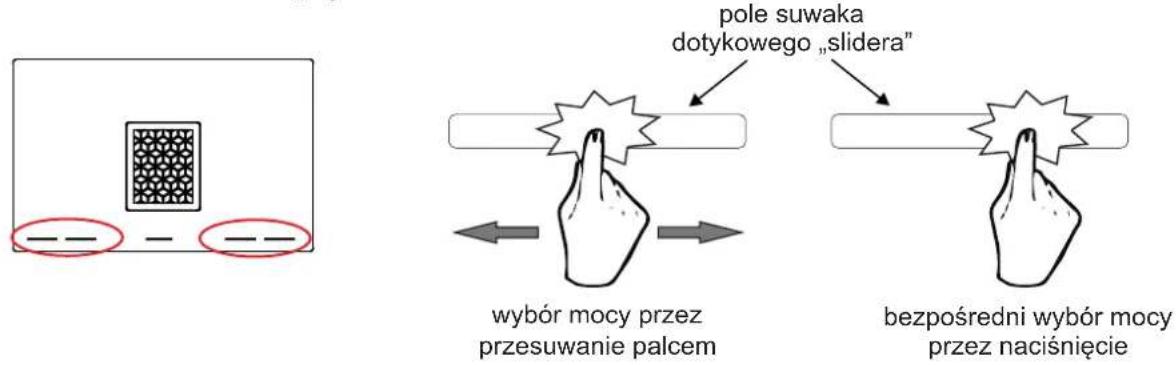 pole suwaka dotykowego „slidera" wybór mocy przez przesuwanie palcem bezpośredni wybór mocy przez naciśnięcie
