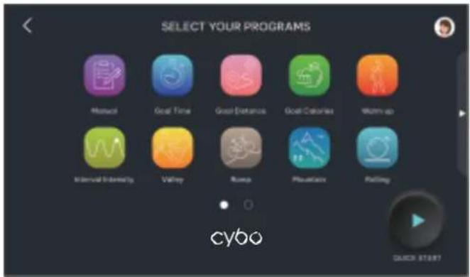 SELECT YOUR PROGRAMS Hotspot Goal Time Goal Entrance Goal Colors Warm up Interval Intensity Valley Rump Play Action Rolling CYBO QUICK STATION