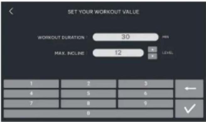 SET YOUR WORKOUT VALUE WORKOUT DURATION : 30 MIN MAX. INLINE : 12 LEVEL 1 2 3 ← 4 5 6 7 8 9 ✓ 0