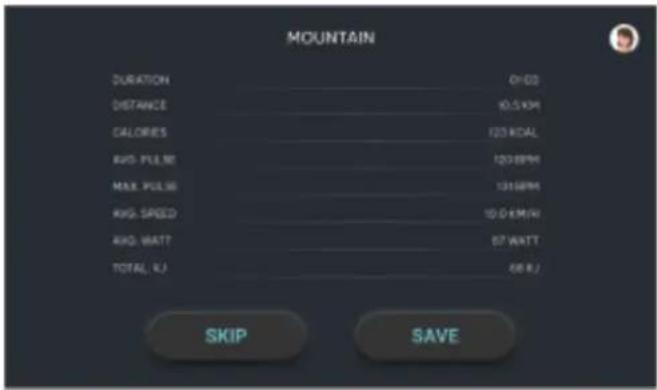 MOUNTAIN DURATION 0 HDD DISTANCE 10.5 KPM CALORIES 123 KDAL RVG PULB 120 KBPM MAX PULB 131 KBPM RVG SPEED 10 D X PMW RVG WATT 87 WATT TOTAL (L) 68 R/J SKIP SAVE
