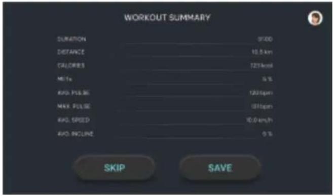 WORKOUT SUMMARY DURATION 9500 DISTANCE 18.5 km CALORIES 125 kg/d MELs 6 % RAD: PULSE 120 rpm MAX: PULSE 180 rpm RAD: SPEED 10.0 am/h RAD: INCLUDE 9 % SKIP SAVE
