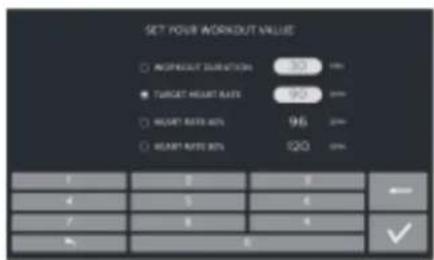 SET FOUR WORKOUT VALUE ○ AGNIND OUT DURATION 100 % ● TARGET HEAT RATE 90 % ○ HEAT RATE 40% 96 % ○ HEAT RATE 20% 120 % 1 2 3 4 5 6 7 8 9 OK 5