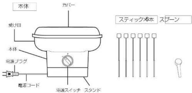 本体 カバー 受け皿 本体 電源ノラグ 電源コード 電源スイッチ スタンド スティック6本 スプーン