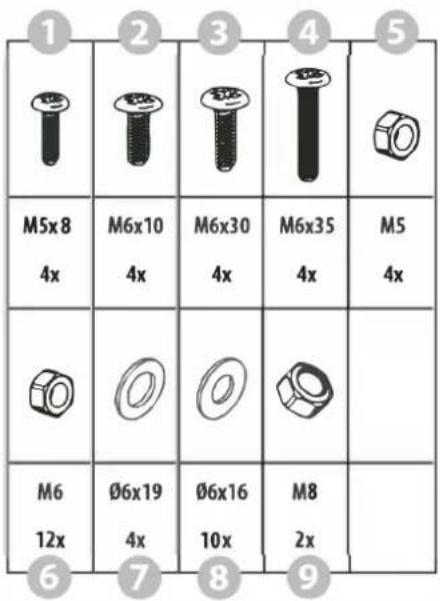 1 2 3 4 5 M5x8 4x M6x10 4x M6x30 4x M6x35 4x M5 4x M6 12x 6 Ø6x19 4x Ø6x16 10x M8 2x 7 8 9