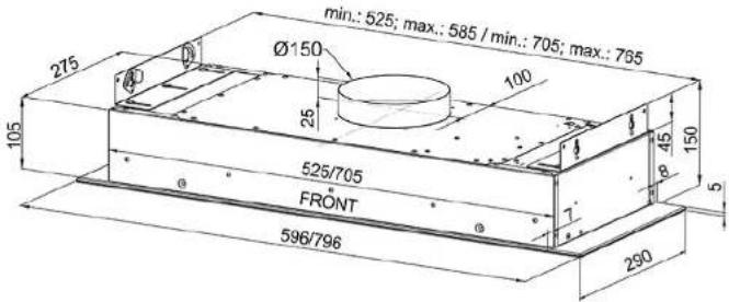 min.: 525; max.: 585 / min.: 705; max.: 765 Ø150 25 100 105 525/705 FRONT 596/796 290 150 45 1 5