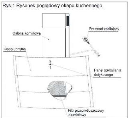 Rys.1 Rysunek pogladowy okapu kuchennego. Ostona komincwa Kiapą uchnylna Przewód zasilający Panel sierowania dotykowego Filtr przecowluszczowy aluminiowy