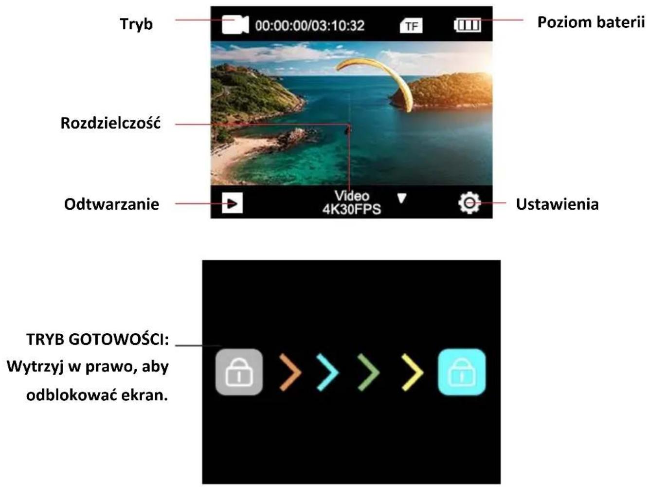Tryb 00:00:00/03:10:32 TF Poziom baterii Rozdzielczość Odtwarzanie Video 4K30FPS Ustawienia TRYB GOTOWOŚCI: Wytrzyj w prawo, aby odblokować ekran.