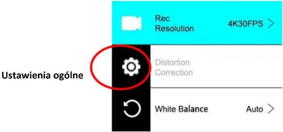 Ustawienia ogólne Rec Resolution 4K30FPS > Distortion Correction White Balance Auto >