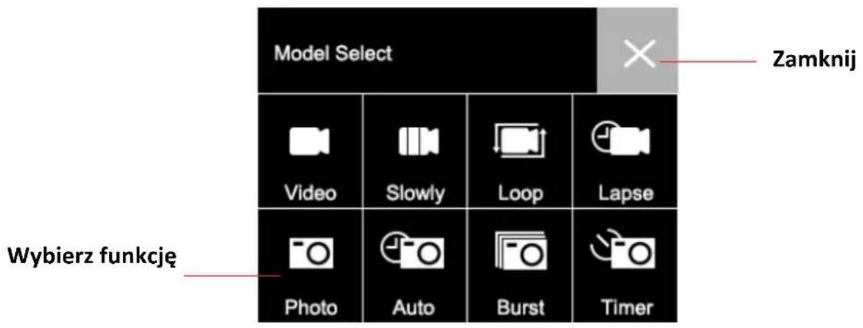 Model Select Zamknij Video Slowly Loop Lapse Wybierz funkcję Photo Auto Burst Timer