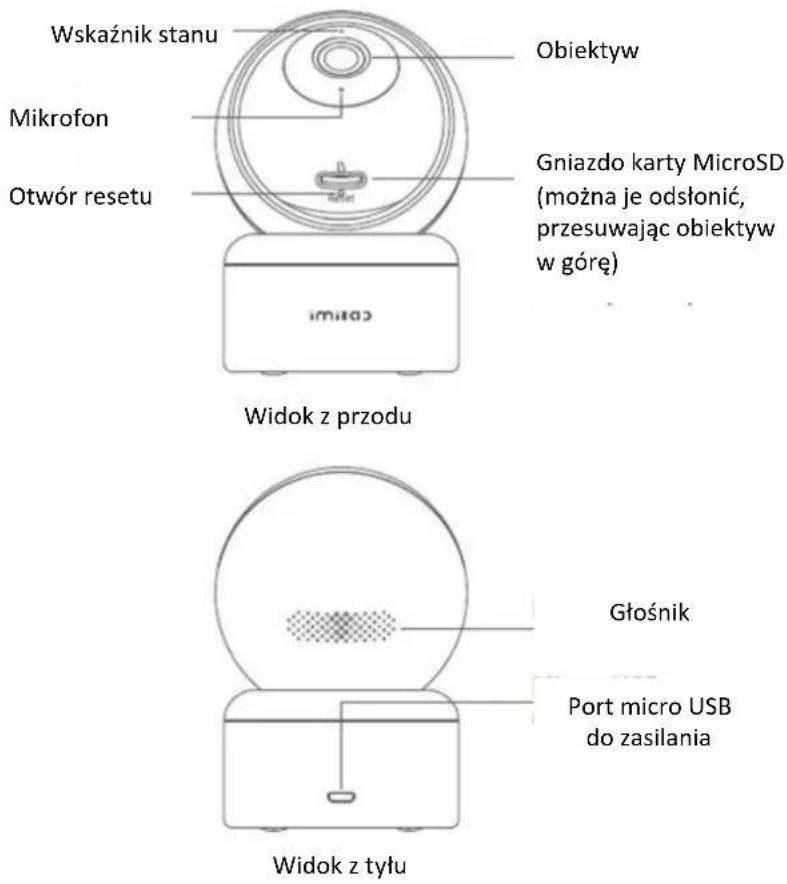 Wskaźnik stanu Mikrofon Otwór resetu Obiektyw Gniazdo karty MicroSD (można je odsłonić, przesuwając obiektyw w górę) widok z przodu Głośnik Port micro USB do zasilania widok z tyłu