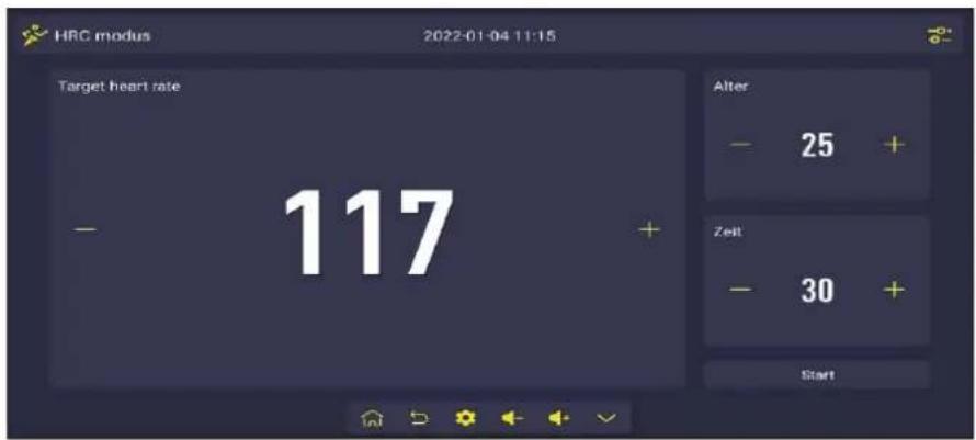 HRC modus 2022-01-04 11:15 Target heart rate 117 Alter - 25 + Zeit - 30 + Start