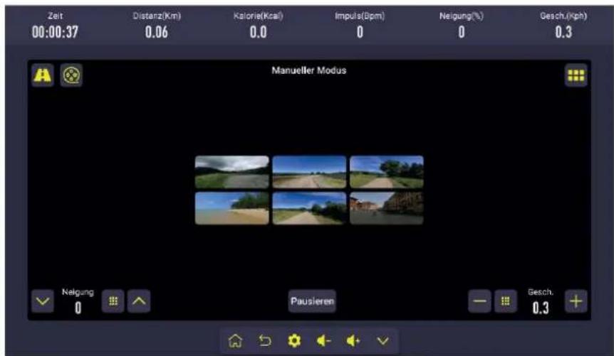 Zeit 00:00:37 Distanz(Km) 0.06 Kalorie(Kcal) 0.0 Impuls(Bpm) 0 Neigung(%) 0 Gesch.(Kph) Manueller Modus Neigung 0 Pausieren Gesch. 0.3