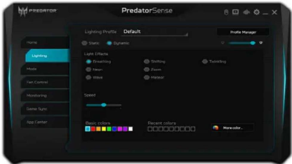 PredatorSense Lighting Profile Default Profile Manager Static Dynamic Light Effects Breathing Shifting Tailking Neon Zoom Wave Meteor Speed Basic colors Recent colors More color...