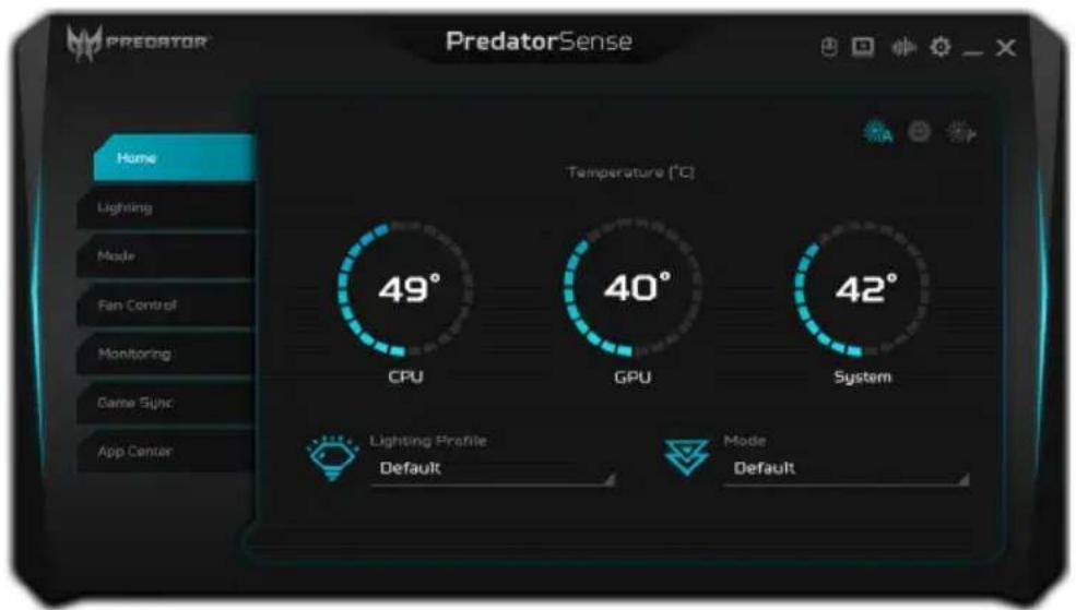 PredatorSense Temperature (°C) 49° CPU 40° GPU 42° System Lighting Profile Default Mode Default