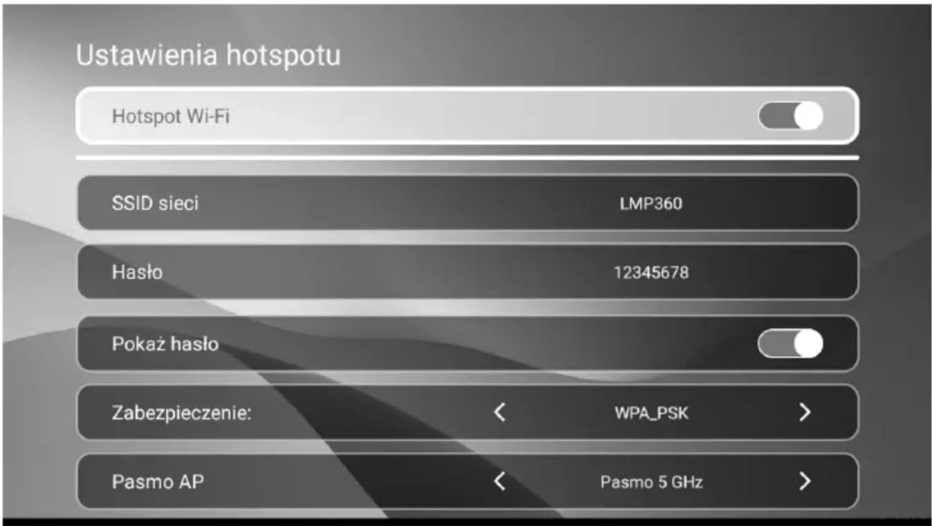 Ustawienia hotspotu Hotspot Wi-Fi SSID sieci LMP360 Hasło 12345678 Pokaż hasło Zabezpieczenie: < WPA_PSK > Pasmo AP < Pasmo 5 GHz >