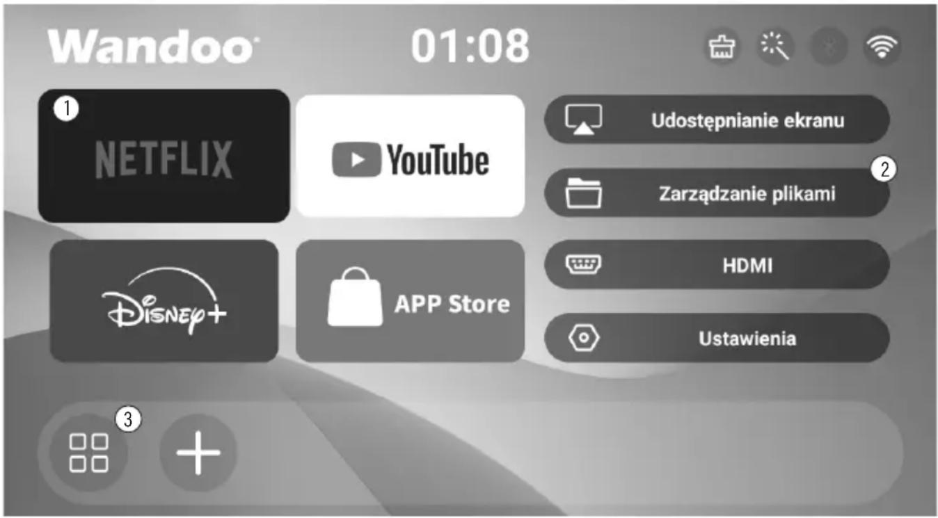 Wandoo 01:08 NETFLIX YouTube Udostępnianie ekranu Zarządzanie plikami HDMI APP Store Ustawienia