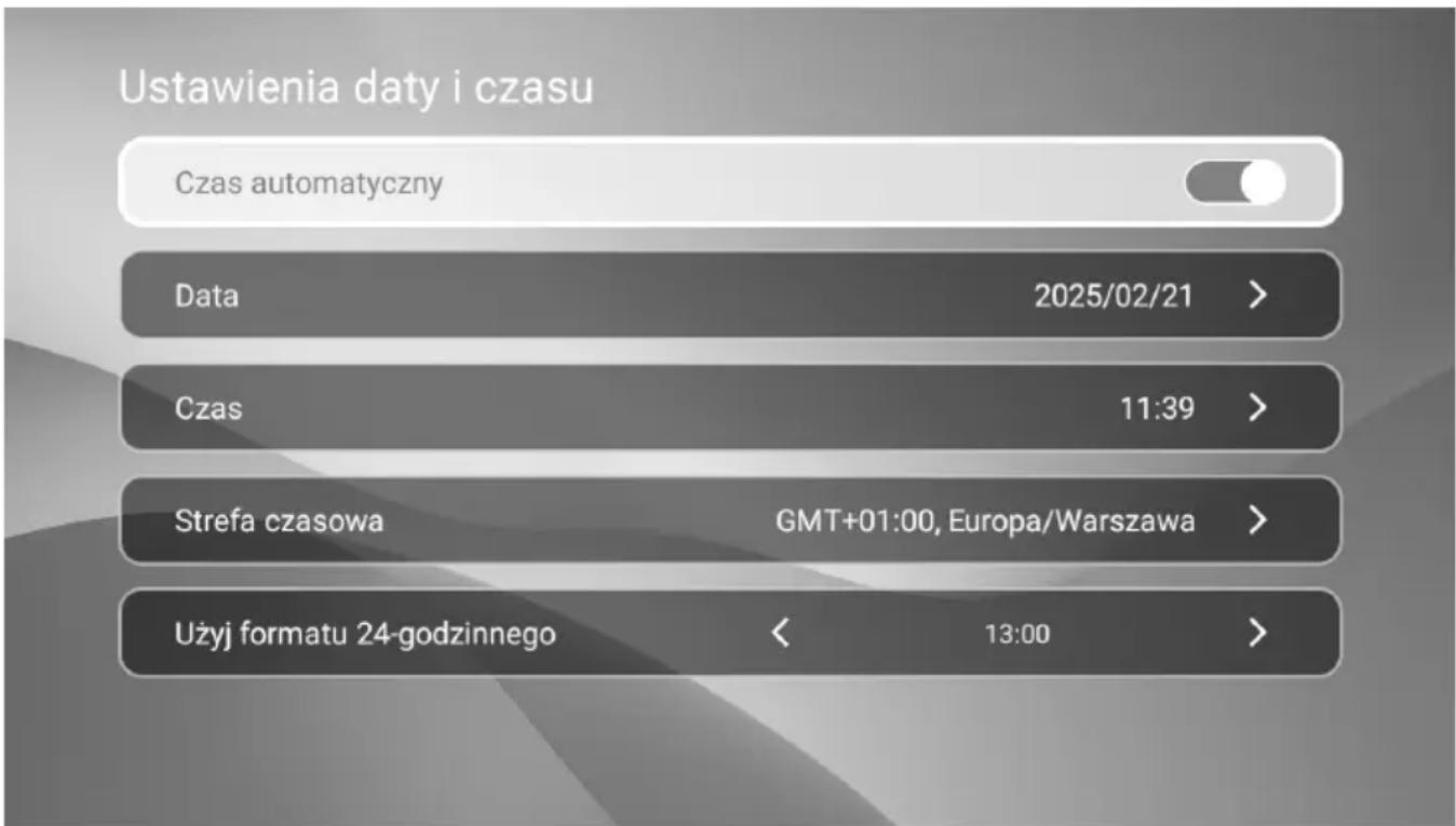 Ustawienia daty i czasu Czas automatyczny Data 2025/02/21 > Czas 11:39 > Strefa czasowa GMT+01:00, Europa/Warszawa > Użyj formatu 24-godzinnego < 13:00 >