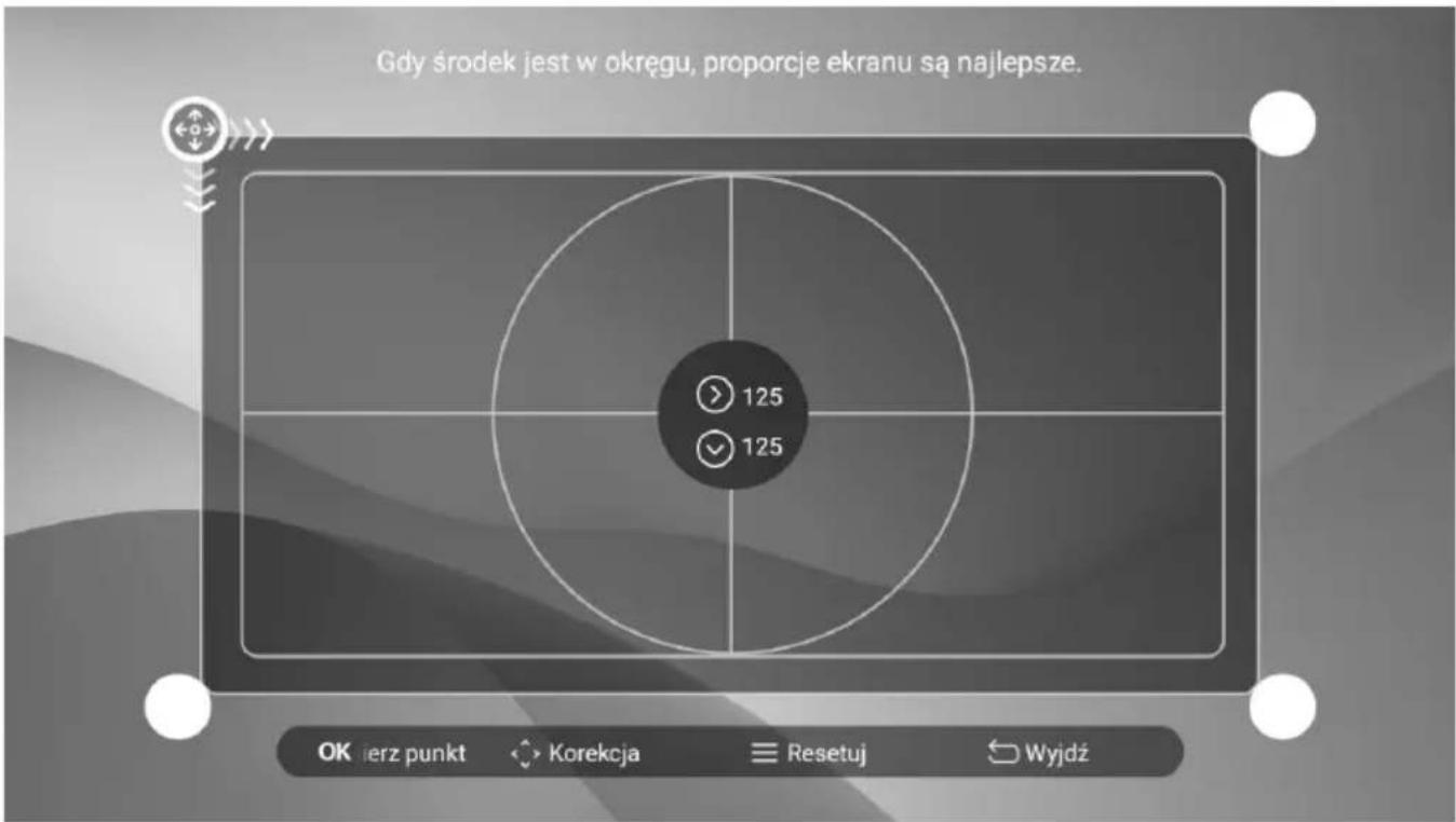 Gdy środek jest w okręgu, proporcje ekranu są najlepsze. 125 125 OK kerz punkt Korekcja Resetuj Wyjdź